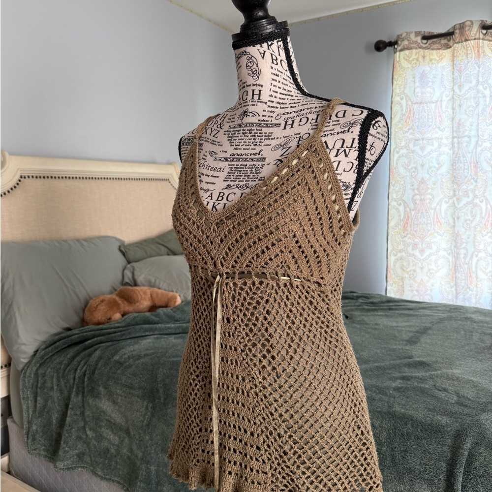 Boho Green/Brown Crochet Knit Tank Top | Festival Beach Cover